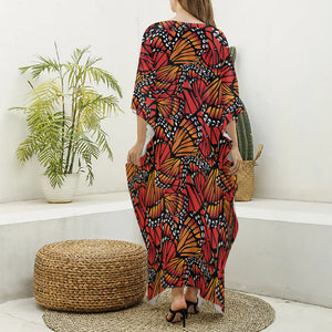 Orange Monarch Butterfly Wings Print Silk V-Neck Kaftan Dress