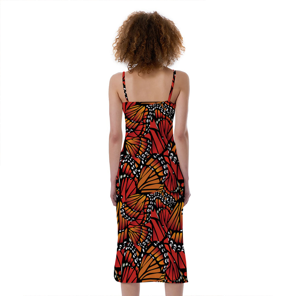 Orange Monarch Butterfly Wings Print Slim Fit Midi Cami Dress