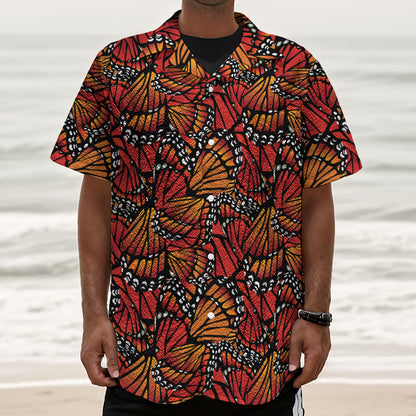 Orange Monarch Butterfly Wings Print Textured Short Sleeve Shirt