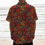 Orange Monarch Butterfly Wings Print Textured Short Sleeve Shirt