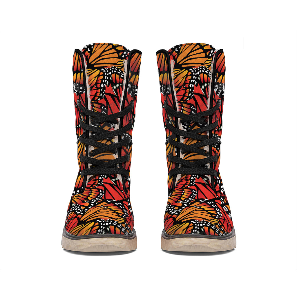 Orange Monarch Butterfly Wings Print Winter Boots