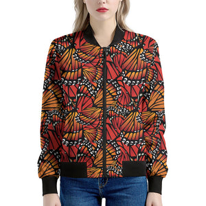 Orange Monarch Butterfly Wings Print Women's Bomber Jacket