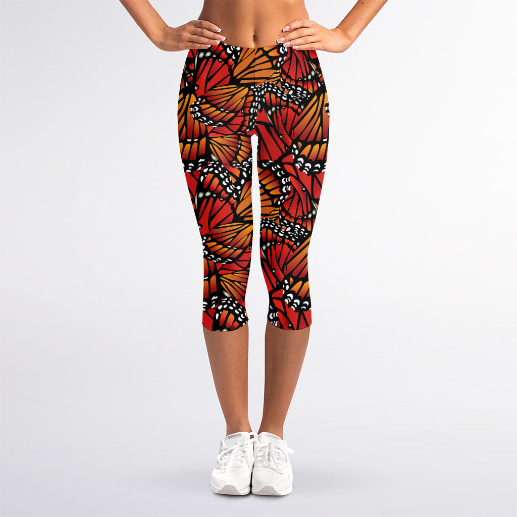 Orange Monarch Butterfly Wings Print Women's Capri Leggings