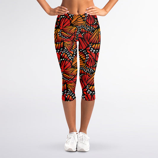 Orange Monarch Butterfly Wings Print Women's Capri Leggings