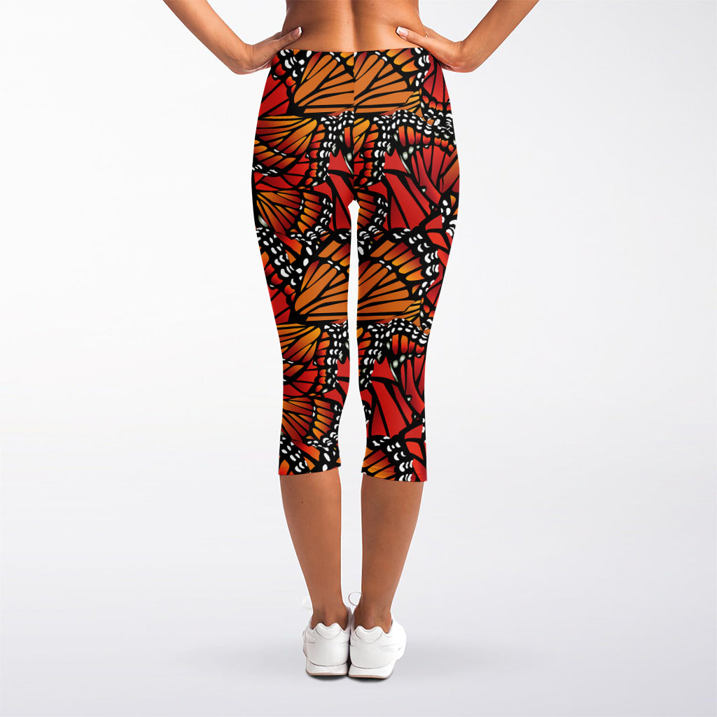 Orange Monarch Butterfly Wings Print Women's Capri Leggings