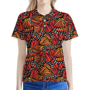 Orange Monarch Butterfly Wings Print Women's Polo Shirt