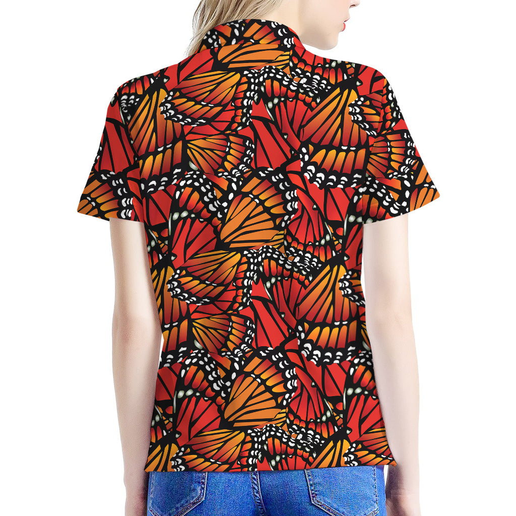 Orange Monarch Butterfly Wings Print Women's Polo Shirt