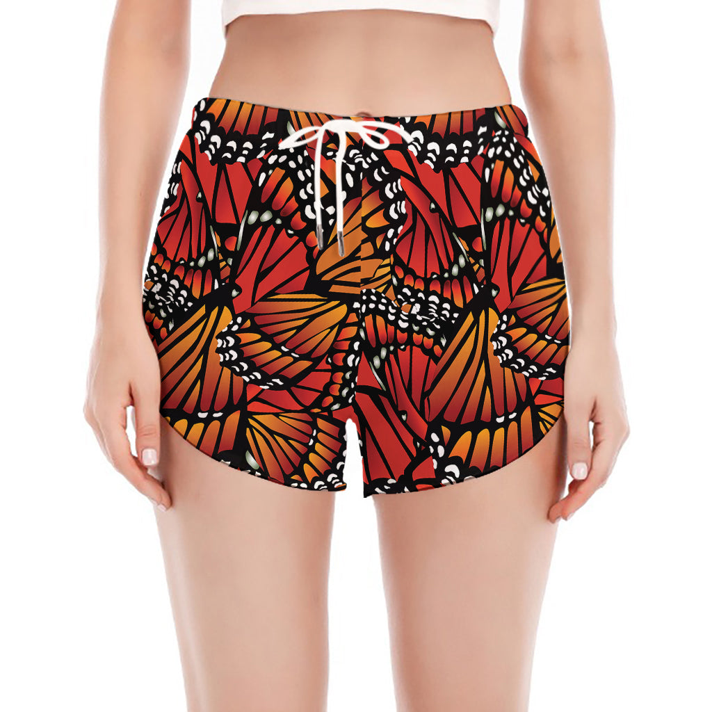 Orange Monarch Butterfly Wings Print Women's Split Running Shorts