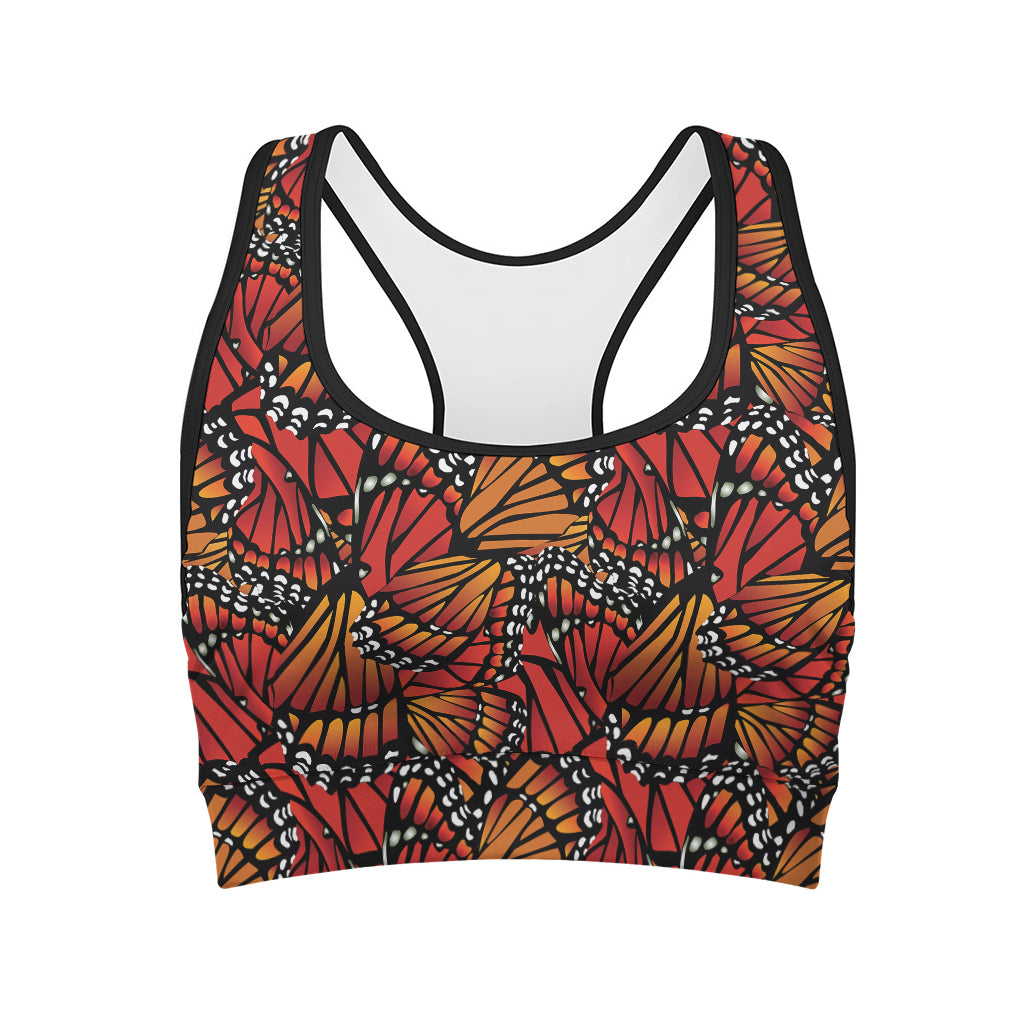 Orange Monarch Butterfly Wings Print Women's Sports Bra