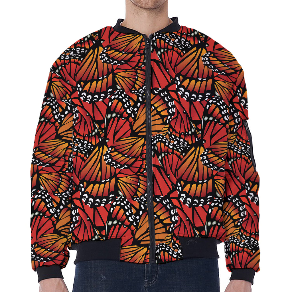 Orange Monarch Butterfly Wings Print Zip Sleeve Bomber Jacket