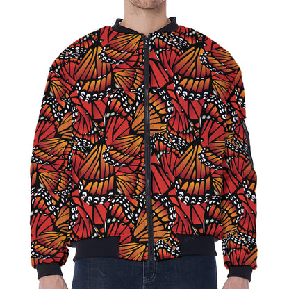 Orange Monarch Butterfly Wings Print Zip Sleeve Bomber Jacket