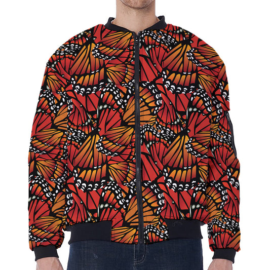 Orange Monarch Butterfly Wings Print Zip Sleeve Bomber Jacket