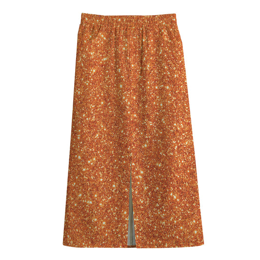 Orange (NOT Real) Glitter Print Cotton Front Slit Maxi Skirt