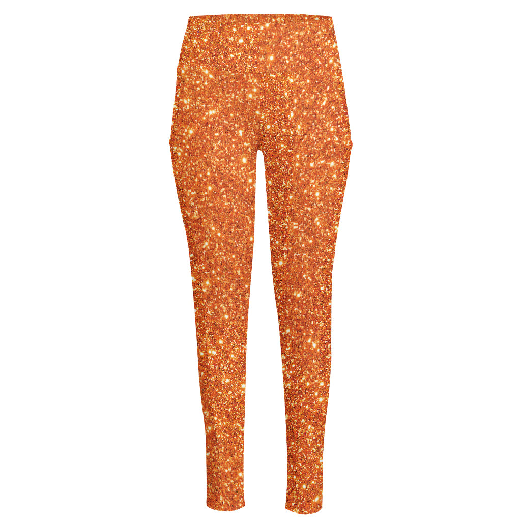 Orange (NOT Real) Glitter Print High-Waisted Pocket Leggings