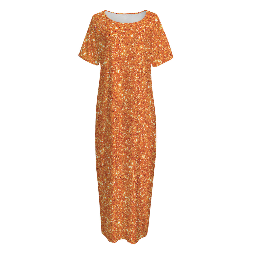 Orange (NOT Real) Glitter Print Short Sleeve Long Nightdress