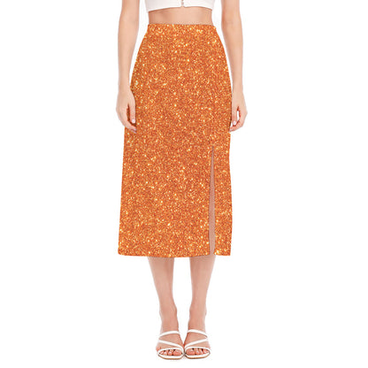 Orange (NOT Real) Glitter Print Side Slit Midi Skirt