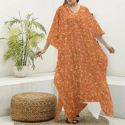 Orange (NOT Real) Glitter Print Silk V-Neck Kaftan Dress