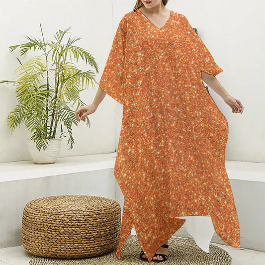 Orange (NOT Real) Glitter Print Silk V-Neck Kaftan Dress