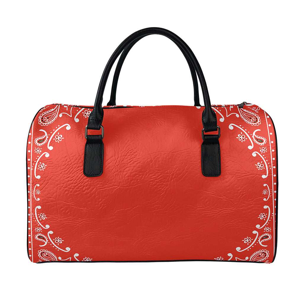 Orange Paisley Bandana Print Leather Duffle Bag