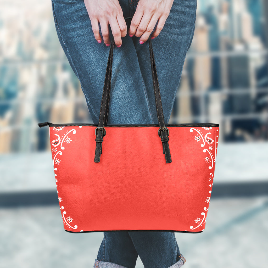 Orange Paisley Bandana Print Leather Tote Bag