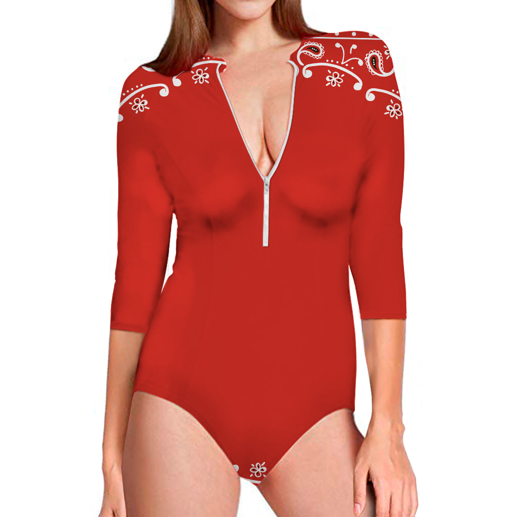Orange Paisley Bandana Print Long Sleeve Swimsuit