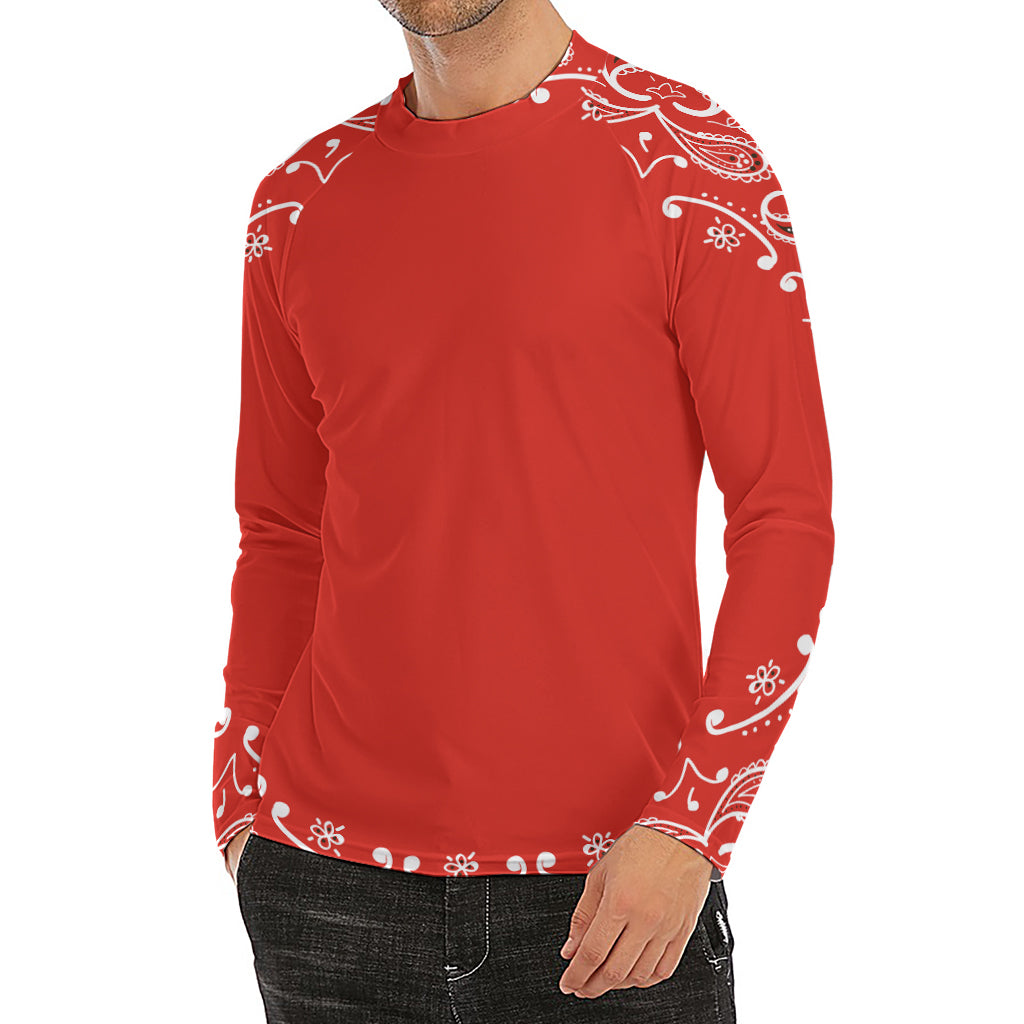 Orange Paisley Bandana Print Men's Long Sleeve Rash Guard