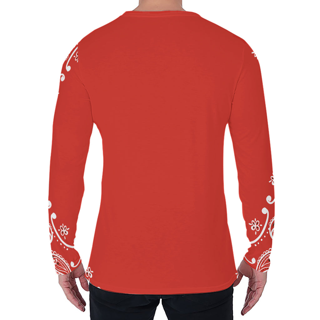 Orange Paisley Bandana Print Men's Long Sleeve T-Shirt