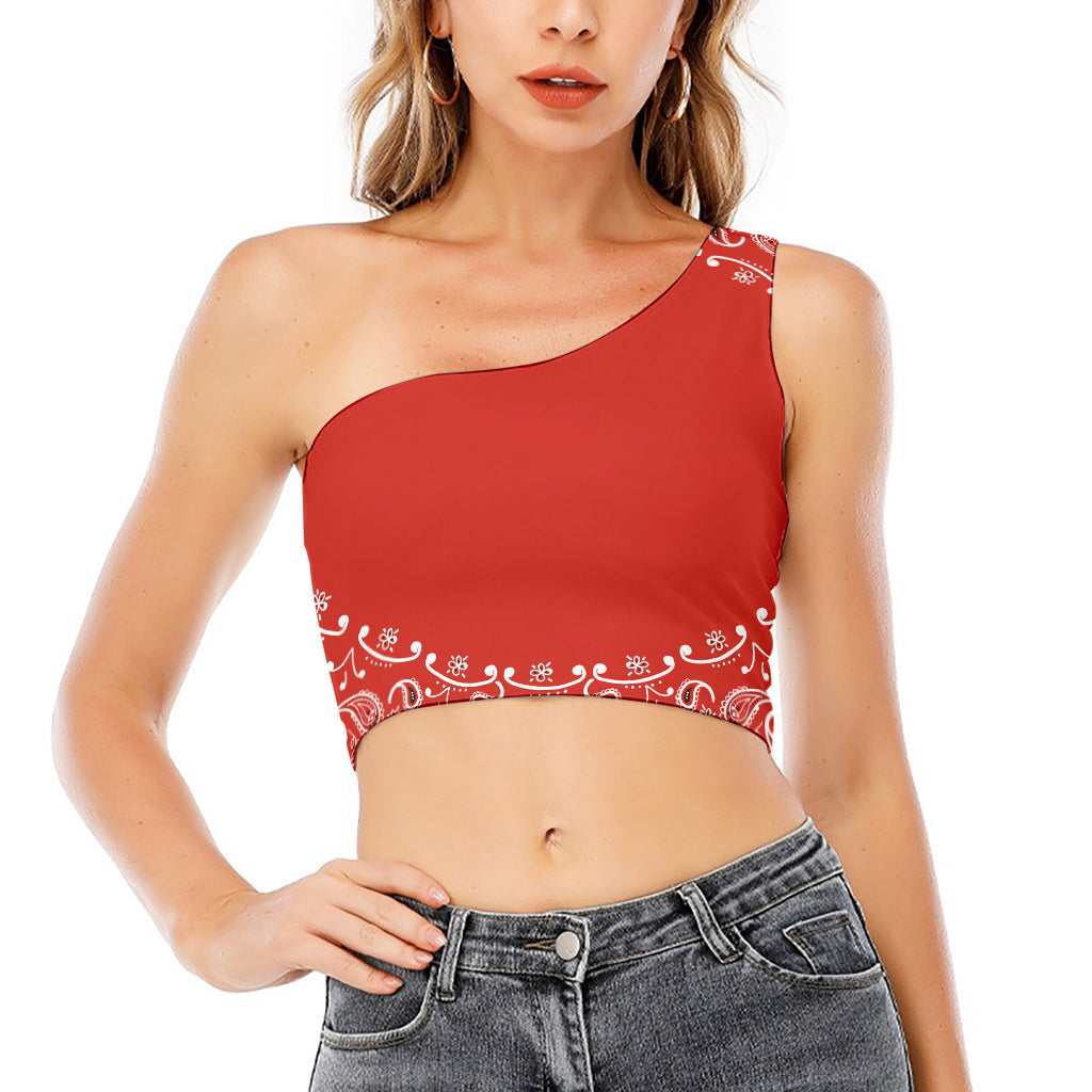 Orange Paisley Bandana Print One Shoulder Crop Top