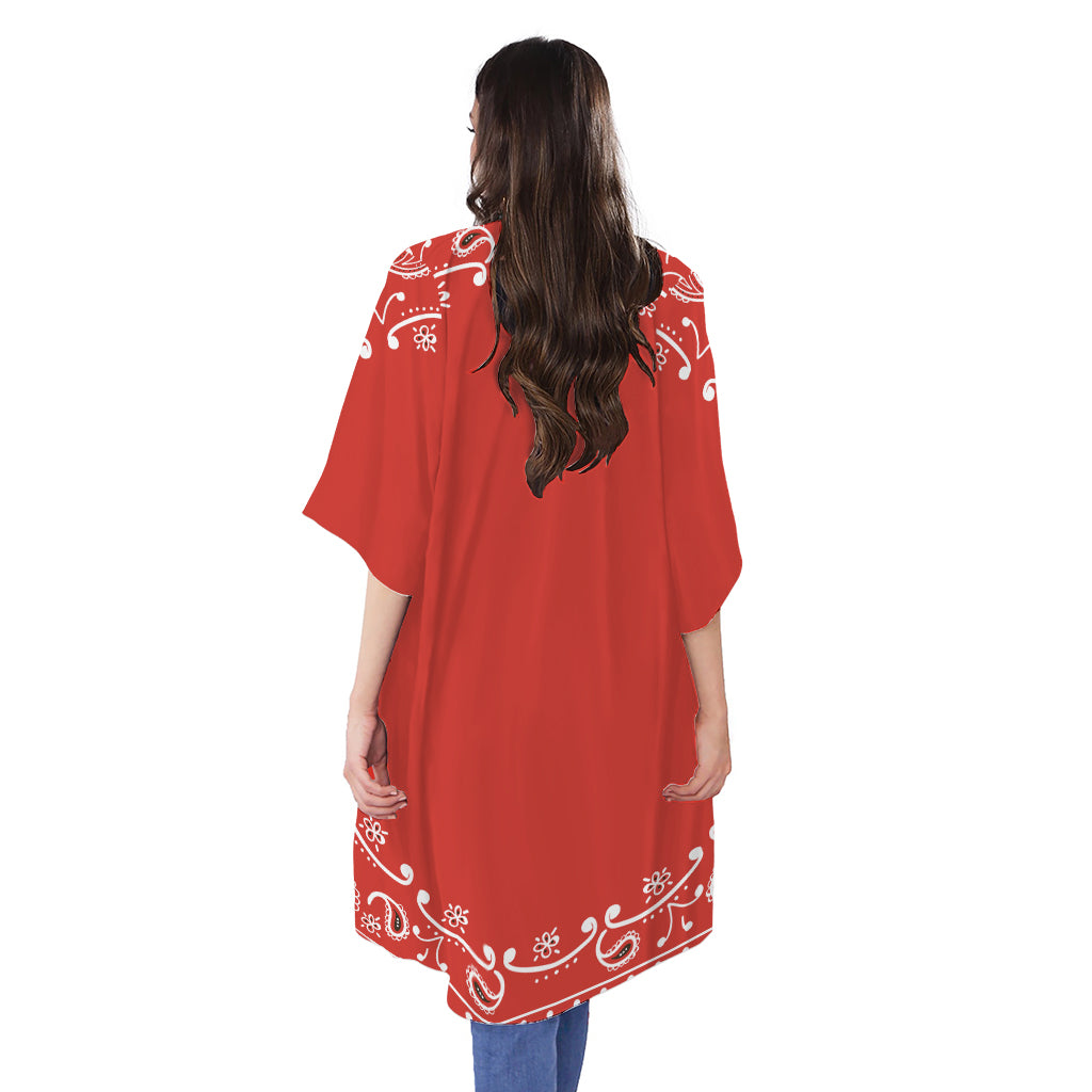 Orange Paisley Bandana Print Open Front Beach Cover Up