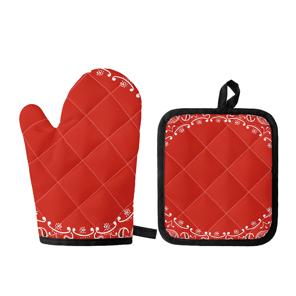 Orange Paisley Bandana Print Oven Mitt And Pot Holder Set