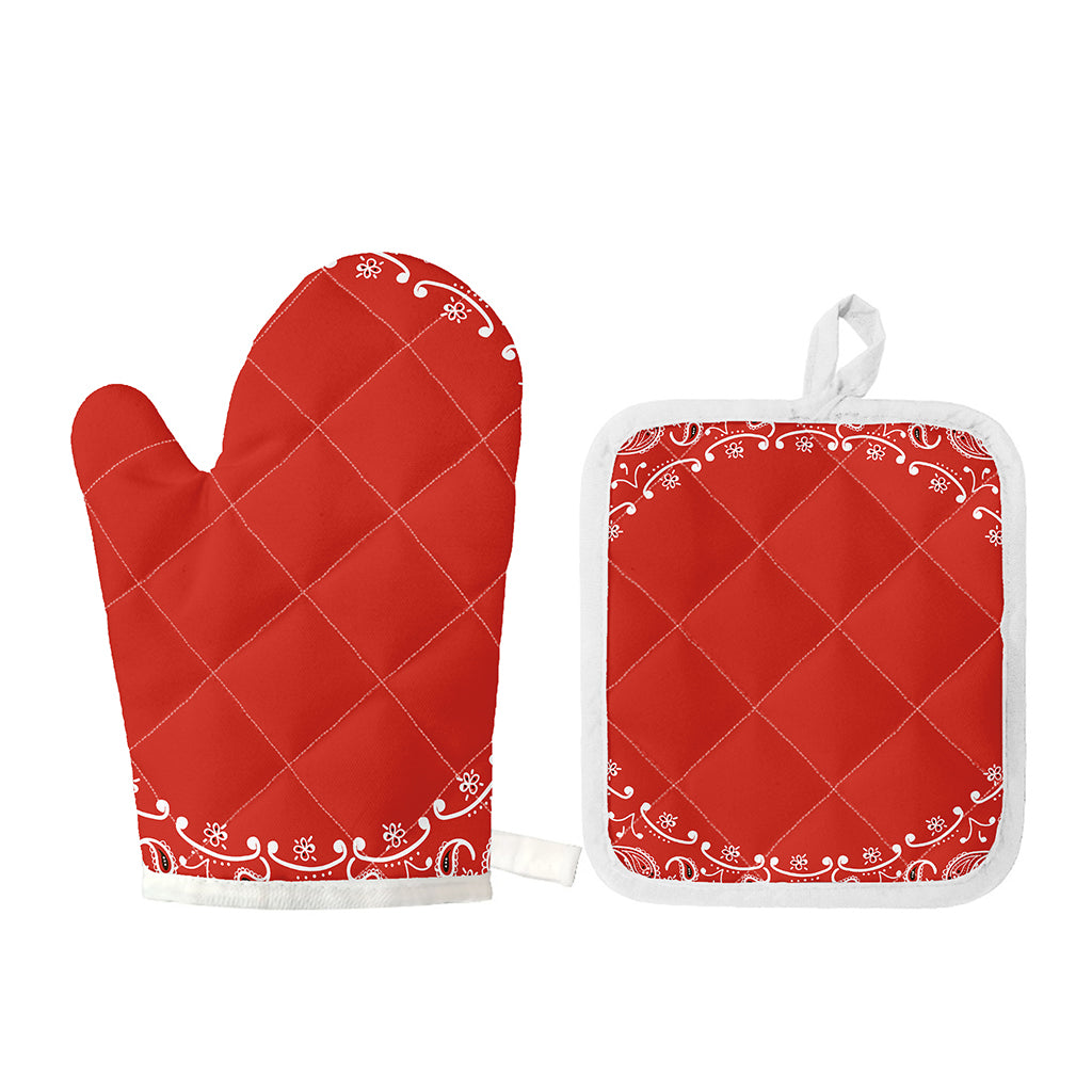 Orange Paisley Bandana Print Oven Mitt And Pot Holder Set