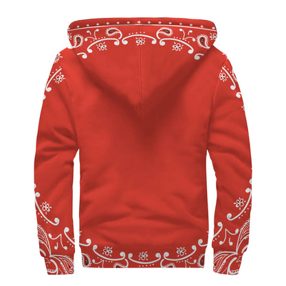 Orange Paisley Bandana Print Sherpa Lined Zip Up Hoodie