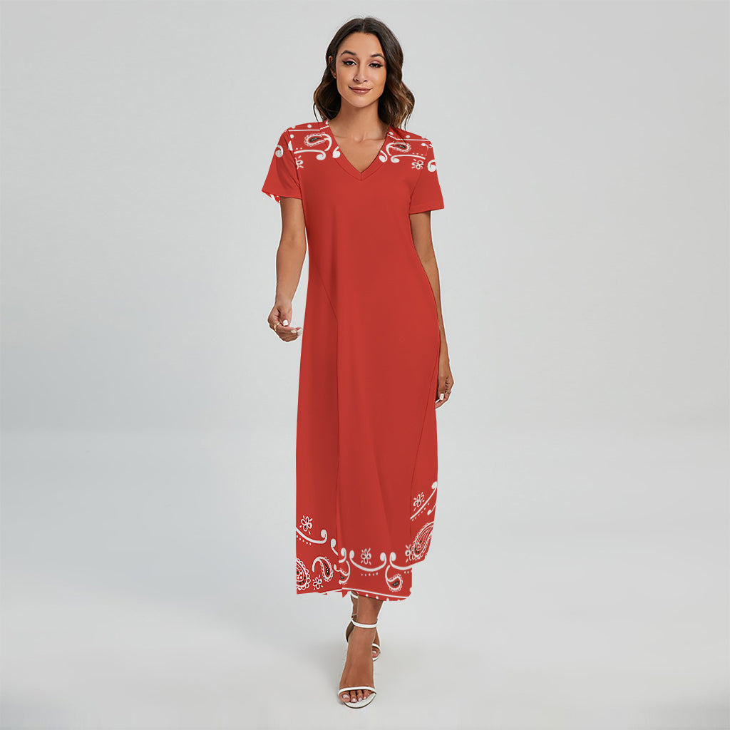 Orange Paisley Bandana Print Short Sleeve Maxi Dress