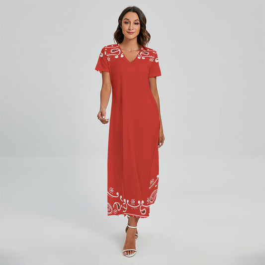 Orange Paisley Bandana Print Short Sleeve Maxi Dress