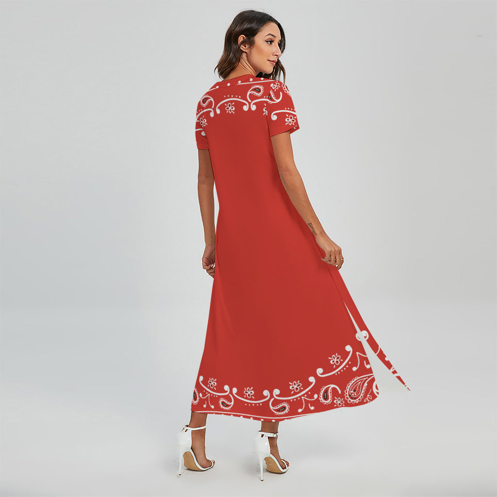 Orange Paisley Bandana Print Short Sleeve Maxi Dress