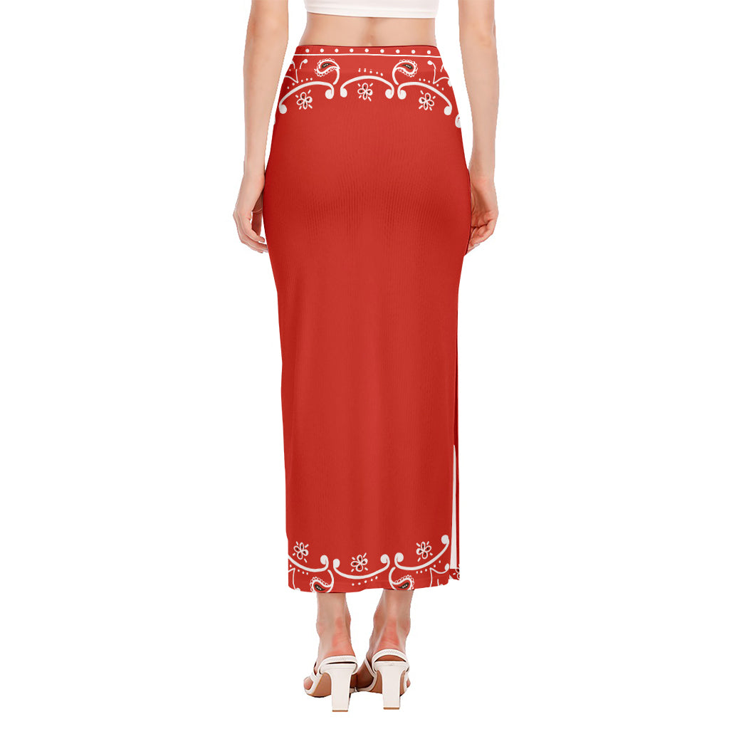 Orange Paisley Bandana Print Side Slit Maxi Skirt