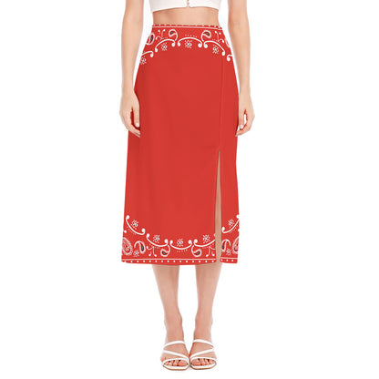 Orange Paisley Bandana Print Side Slit Midi Skirt
