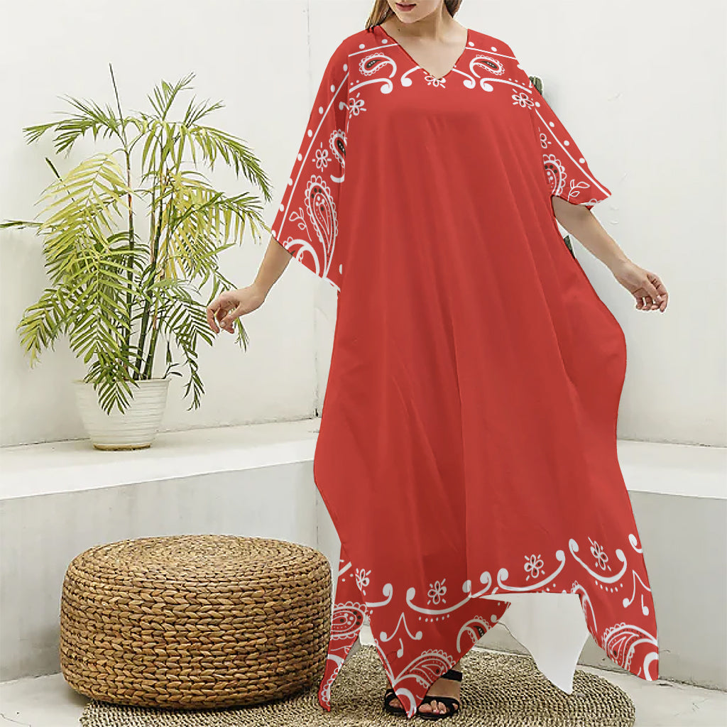 Orange Paisley Bandana Print Silk V-Neck Kaftan Dress