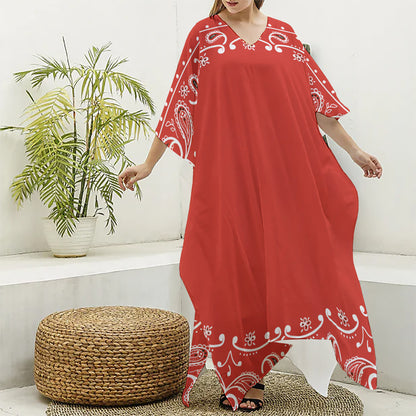 Orange Paisley Bandana Print Silk V-Neck Kaftan Dress