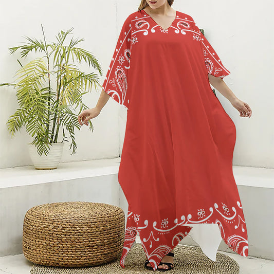 Orange Paisley Bandana Print Silk V-Neck Kaftan Dress