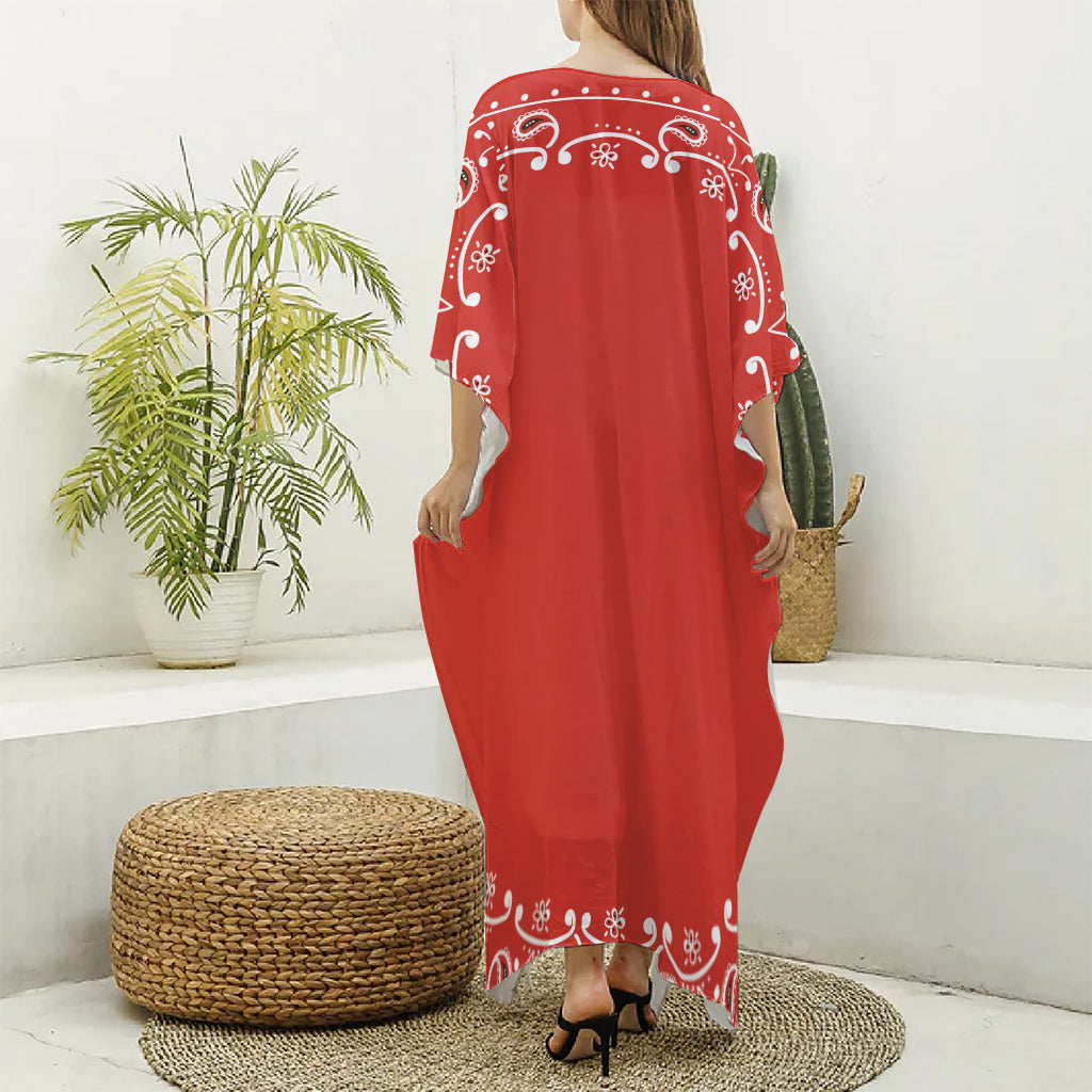 Orange Paisley Bandana Print Silk V-Neck Kaftan Dress