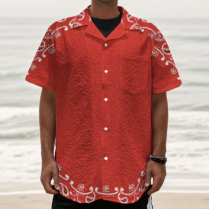 Orange Paisley Bandana Print Textured Short Sleeve Shirt