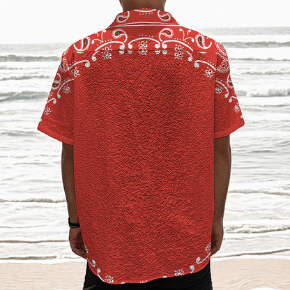 Orange Paisley Bandana Print Textured Short Sleeve Shirt