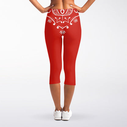 Orange Paisley Bandana Print Women's Capri Leggings