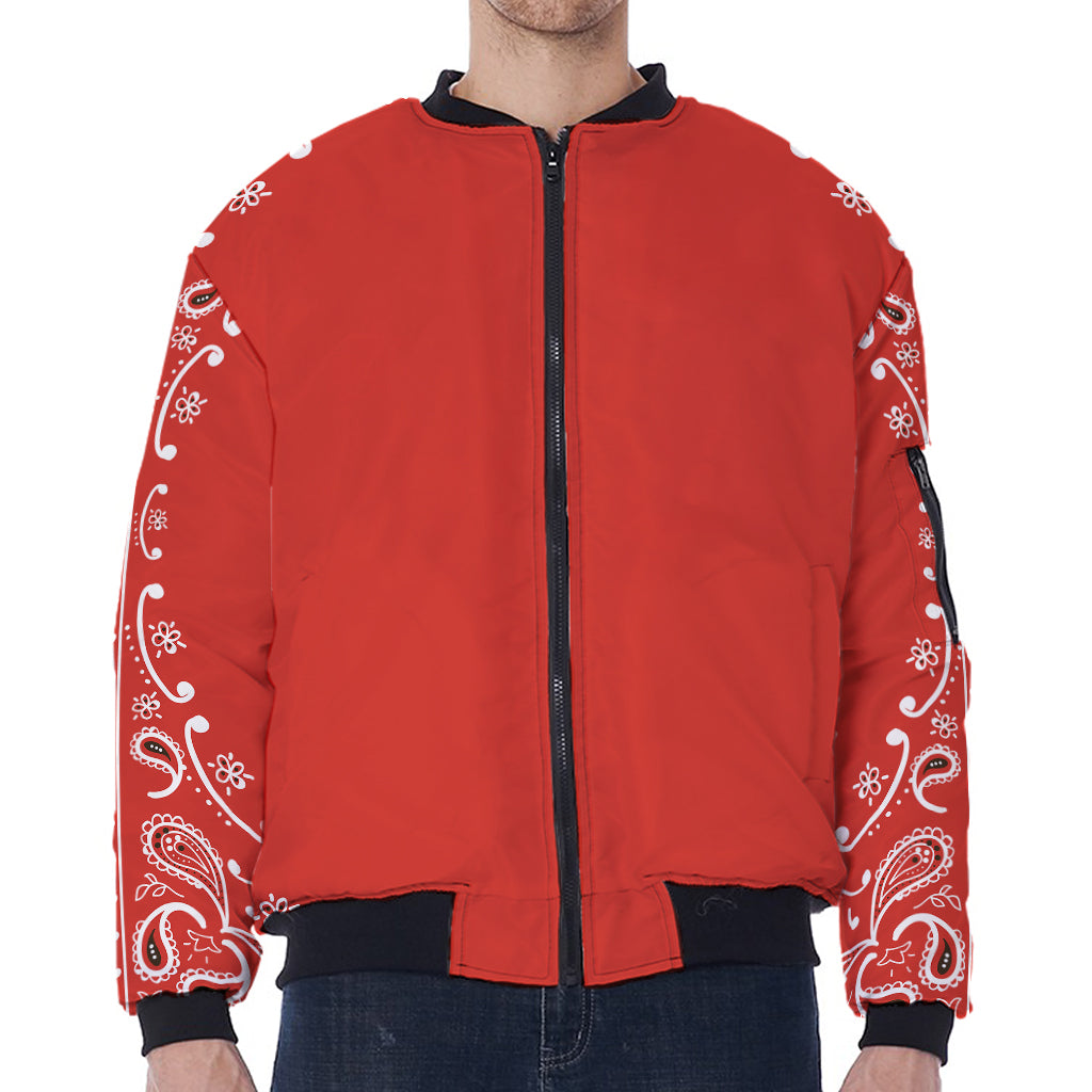 Orange Paisley Bandana Print Zip Sleeve Bomber Jacket