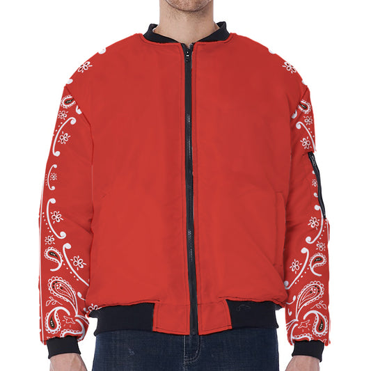 Orange Paisley Bandana Print Zip Sleeve Bomber Jacket