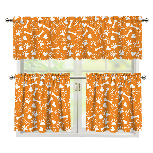 Orange Paw And Bone Pattern Print 3 Piece Kitchen Curtains