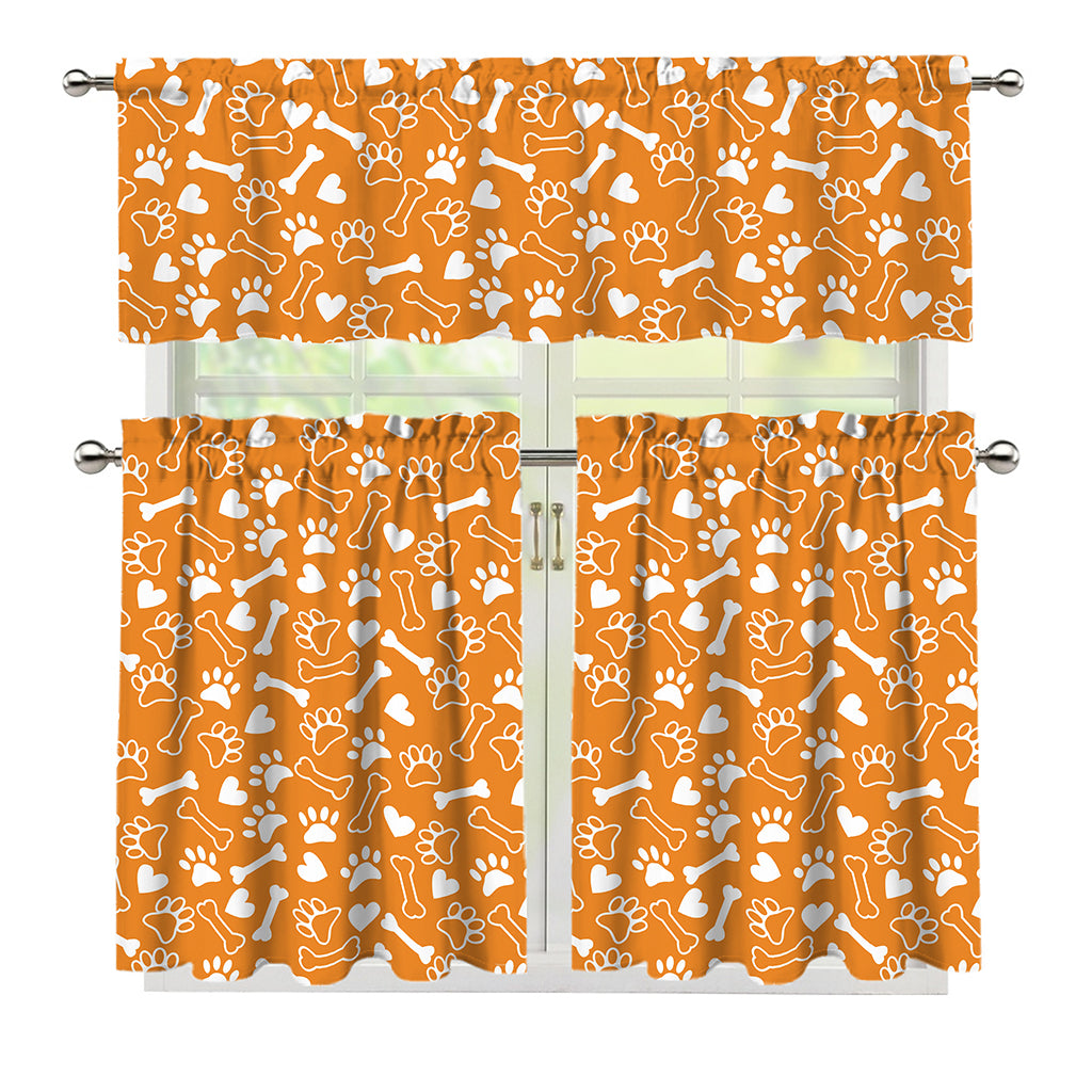Orange Paw And Bone Pattern Print 3 Piece Kitchen Curtains