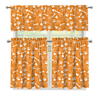 Orange Paw And Bone Pattern Print 3 Piece Kitchen Curtains