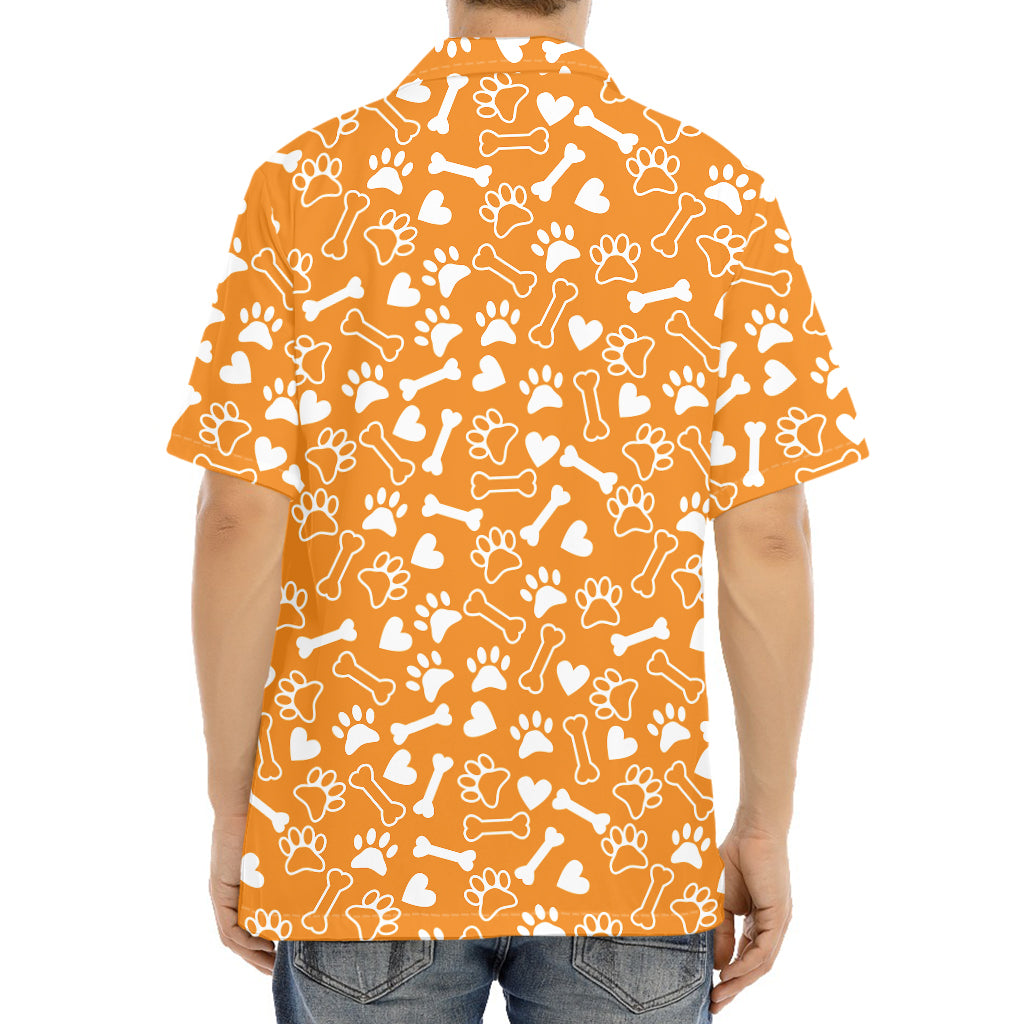 Orange Paw And Bone Pattern Print Aloha Shirt